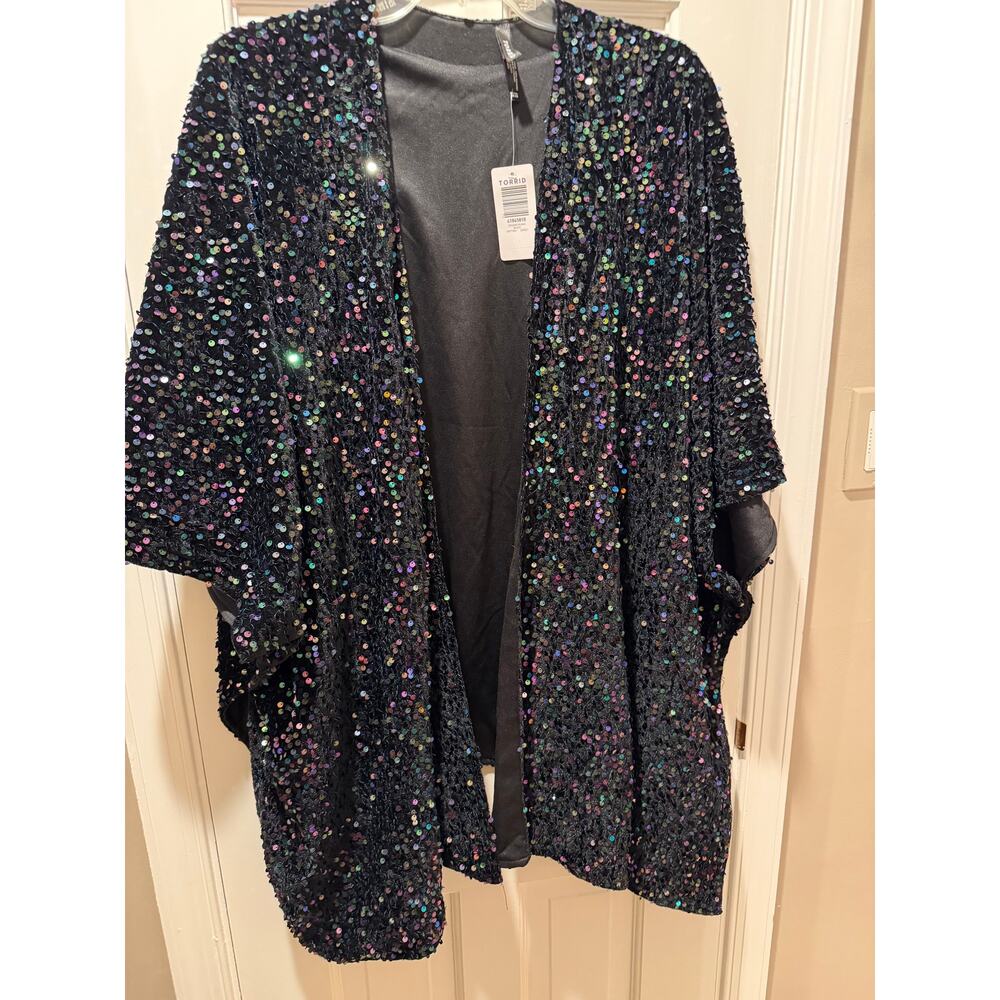 Torrid Black & Iridescent Sequined Open Ruana/Kimono Cover-up Plus Size NWT - Picture 2 of 11